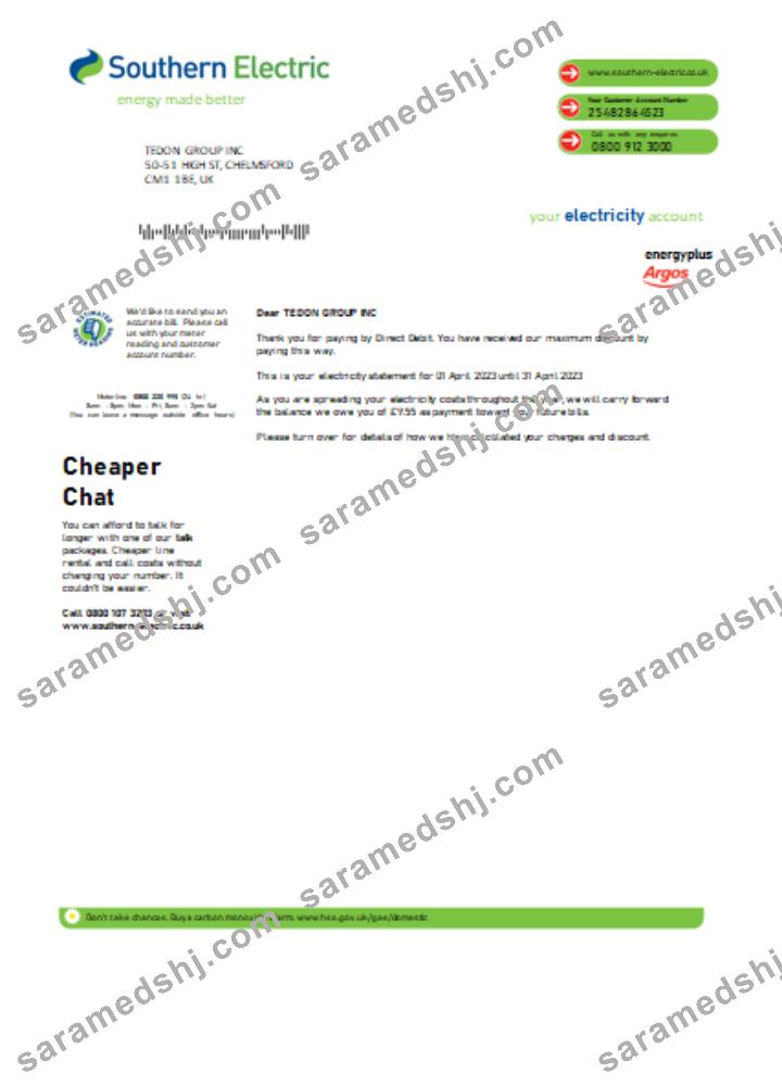 Southern Electric proof of address utility business bill, SCR